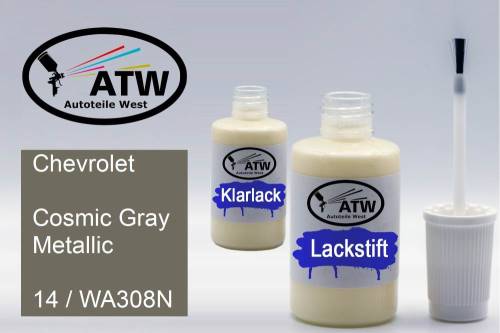 Chevrolet, Cosmic Gray Metallic, 14 / WA308N: 20ml Lackstift + 20ml Klarlack - Set, von ATW Autoteile West.